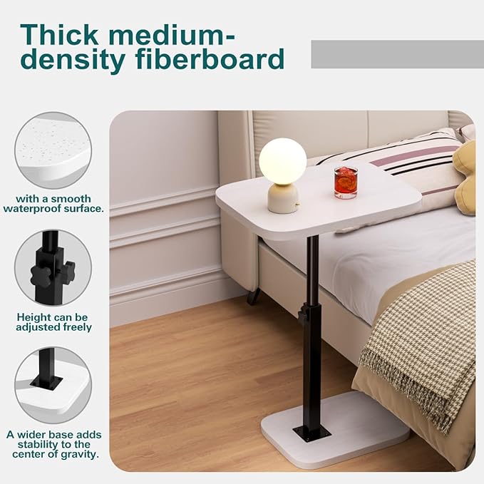 Adjustable Side Table TV Tray, C Shaped End Table, Small Bedside Table, Mid Century Modern Accent Nightstand for Living Room, Bedroom, Corners and Office (White)