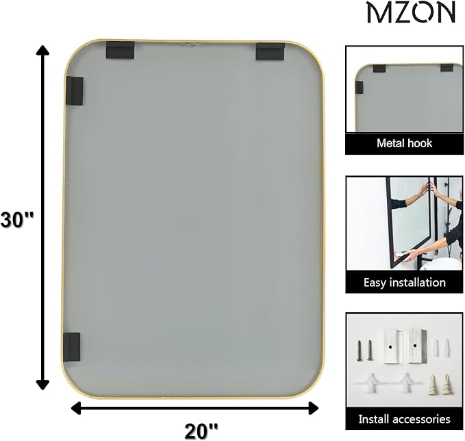 MZON 20x30 Inch Brushed Gold Vanity Mirror, Rectangle Bathroom Mirrors for Over Sink, Anti-Rust Frame & Tempered Glass, Hangs Horizontally/Vertically - Ideal for Small Bathroom or Powder Room