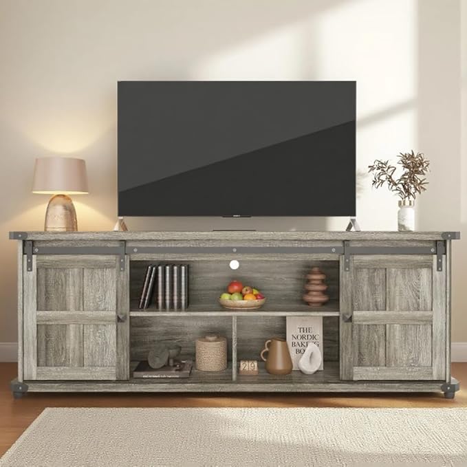GAOMON 70" Farmhouse TV Stand for 80/75/70 Inch TVs,Entertainment Center Storage Cabinets w/Power Outlets and Sliding Barn Door,Rustic TV Stands for Living Room,Media Console Cabinet