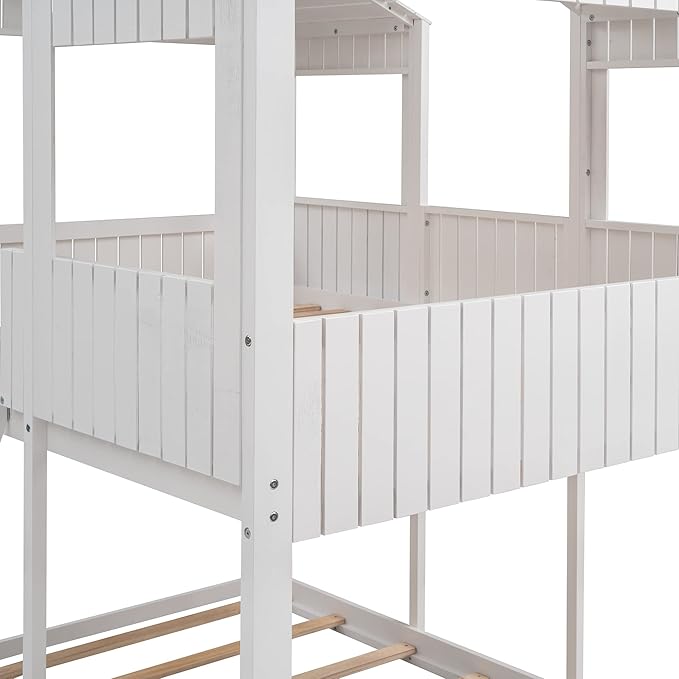 Ball & Cast Full Over Full Size Playhouse Bunk Bed with Roof and Window,Wood Bunkbed w/Full-Length Guard Rail & Ladder,Slat Support,Space Saving,Bedroom Furniture for Student Dorms,White