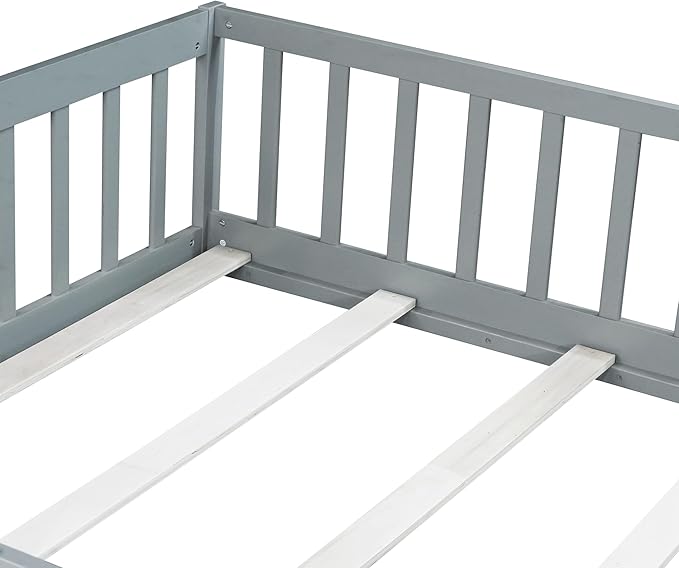 Bellemave Full Floor Bed with Slats and Safety Guardrails, Kids Montessori Floor Beds with Fence and Door, Easy Assemble Floor Bed for Kids, Girls, Boys, Gray