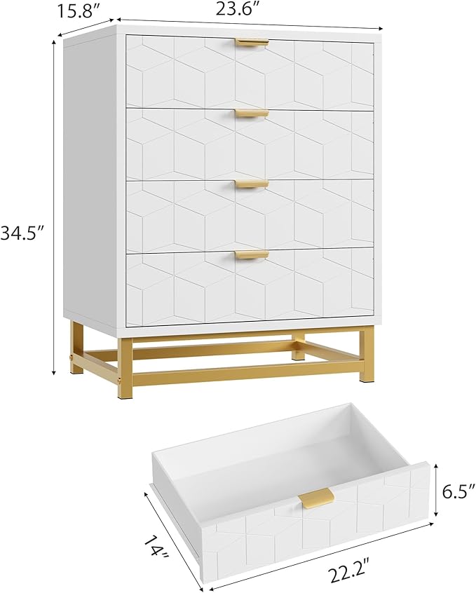 White Dresser, 4 Drawer Dresser for Bedroom, Modern Dressers with Gold Metal Handles for Living Room, Hallway, Entryway