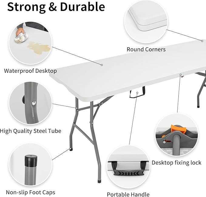 6 FT Folding Table for Indoor Outdoor, Portable Heavy Duty Folding Camping Tables for Eating, Fold-in-Half Plastic Dining Picnic Party Utility Card Table with Carrying Handle, 71x29 inch