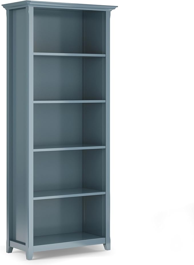 SIMPLIHOME Amherst Bookcase - 70 inch Tall 5-Shelf Solid Wood Bookshelf in French Blue, Transitional Storage for Living Room, Study Room or Office with Adjustable Shelves and Tapered Legs