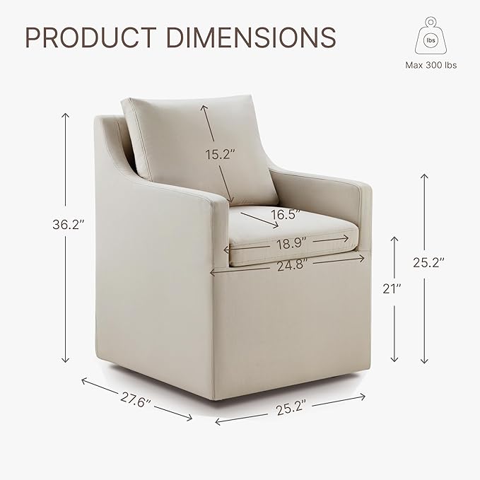 Upholstered Dining Chairs with Casters Washable Cover Side Deskchair with Rollers for Diningroom, Living Room, Flax Beige, 2 Box