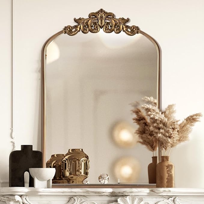 WAMIRRO Ornate Gold Mirror,Vintage Arched Baroque Antique Mirorrs for Living Room/Hallway/Fireplace/Bathroom/Entryway 24"X36"