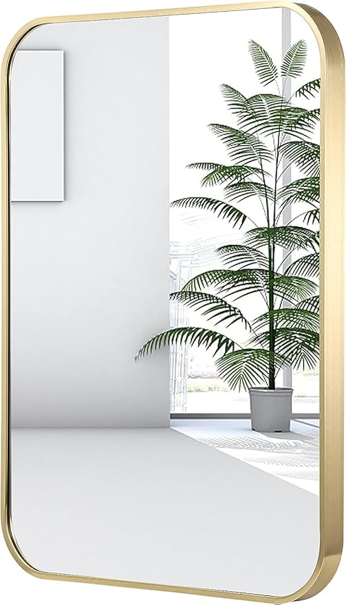 16x24 Inch Gold Bathroom Mirror, Brushed Brass Gold Metal Framed Rectangular Mirror with Rounded Corner, Wall Mounted Vanity Mirror for Bedroom or Living Room, Horizontal/Vertical