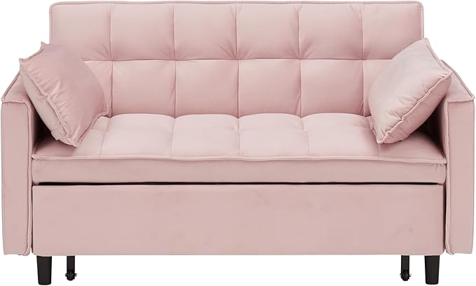 Ball & Cast 3 in 1 Convertible Sleeper Sofa Bed,Velvet Futon Couch with Pull-Out Bed,Convertible Pull Out Couches W/ 2 Pillows,Adjustable Backrest & Side Pocket,for Living Room,Apartment,Pink,55"