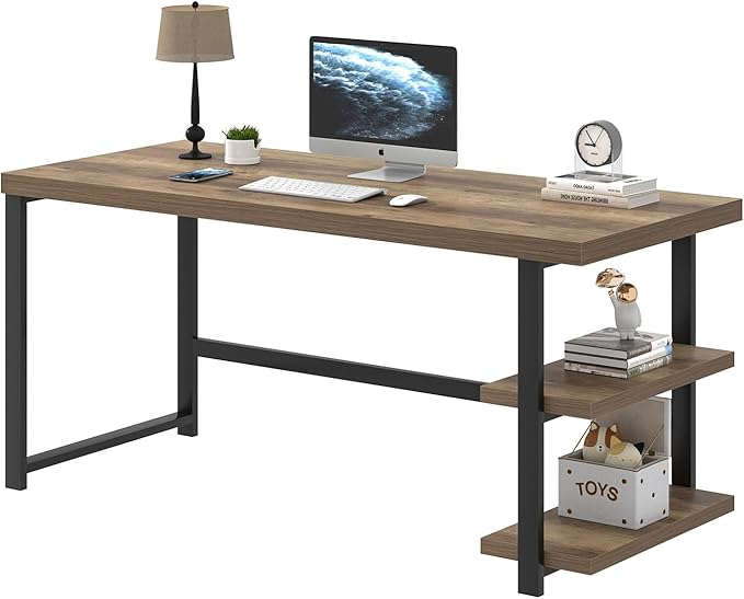 FOLUBAN 60 Inch Home Office Desk, Large Computer Desk with Storage Shelves, Modern Wood and Metal Writing Study Gaming Table Workstation for Living Room, Rustic Oak
