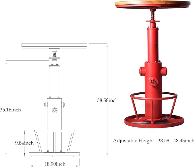 Topower Industrial Bar Table 38.58-48.43" Adjustable Pub Table Kitchen Dining Coffee Bistro Table Antique Red