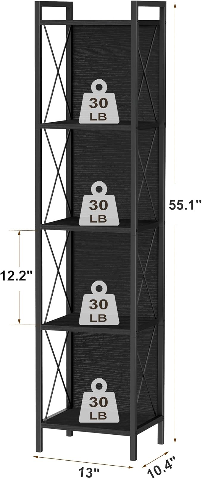 Homhedy 5 Tier Bookshelf Bookcase, Tall Narrow Bookshelf for Small Space, Metal Storage Shelves with Back Panel, for Home Office, Living Room, Kitchen, Bedroom, Industrial Style, Black
