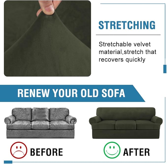H.VERSAILTEX Sofa Cover 4 Piece T Cushion Sofa Slipcovers Thick Velvet Couch Cover Stretch T Cushion Sofa Covers for 3 Cushion Couch with 3 Individual T Cushion Covers, Olive