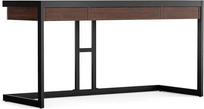 SIMPLIHOME Erina Desk - 60-Inch Wide Solid Acacia Wood and Metal Writing Desk in Distressed Charcoal Brown, Modern Industrial Home Office Computer Table for Study with 2 Drawers and Keyboard Tray