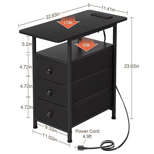 AMHANCIBLE Narrow End Table Living Room with Charging Station, Slim LED Nightstand with Fabric Drawers, Skinny Side Table for Bedroom, Small Spaces, Couch, Black, HETN013LBK-1
