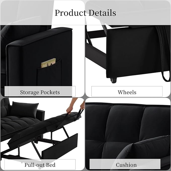 KEIKI Velvet Loveseat Convertible Sofa Bed Sleeper Chair with Adjustable Backrest, Pillows & Storage Pockets, 3 in 1 Pull-Out Couch Chaise Lounge Recliner for Living Room Balcony Bedroom, Black