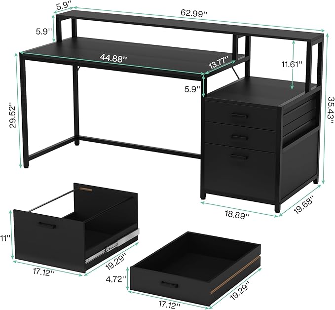 Tribesigns 63 Inch Computer Desk with File Drawer Cabinet, Ergonomic Office Desk with Monitor Stand, Industrial Computer Table with Printer Space, Wood PC Table Workstation Desks for Home Office