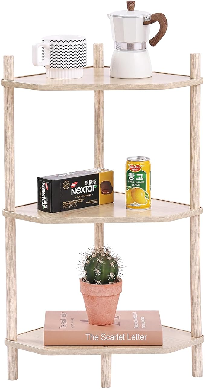 LITA Modern Wood Side Table, Triangular Accent End Table Plant Night Stand with Magazine Storage for Bedroom, Living Room, Bathroom, Natural, 3- Tier