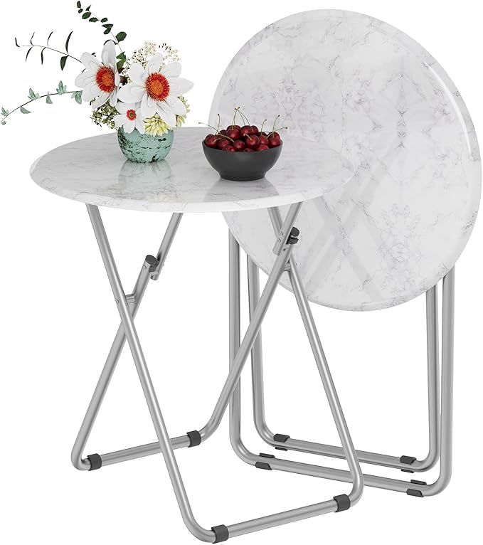 TV Tray Table, Round Folding Table, Foldable Snack Tray for Eating, Small Folding Table Set of 2, Dinner Table for Couch, Living Room, Small Space (White Marble, 2Pcs)