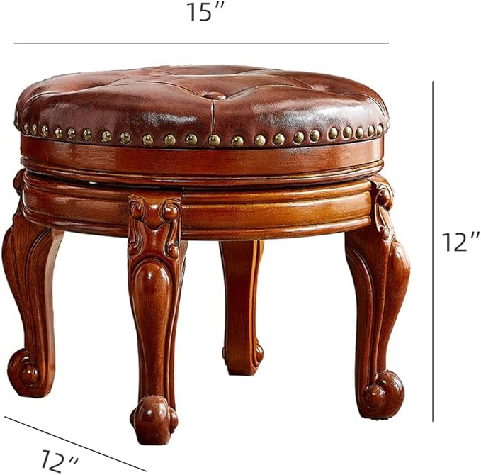Solid Wood Foot Stool Round Ottoman Mid-Century Footrest Sofa Stool with Microfiber Leather Cushion for Living Room, Bedroom, Entryway (Brown)