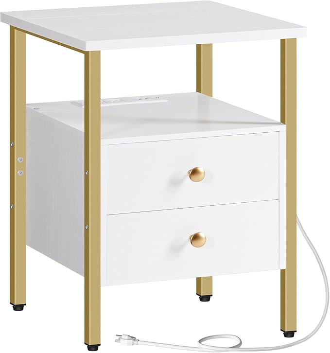 HOOBRO End Table with Charging Station, Bedside Table with 2 Drawer & USB Port & Type-C Port, Nightstand for Small Spaces, Stable and Sturdy, for Living Room, White and Gold DW43UBZ01