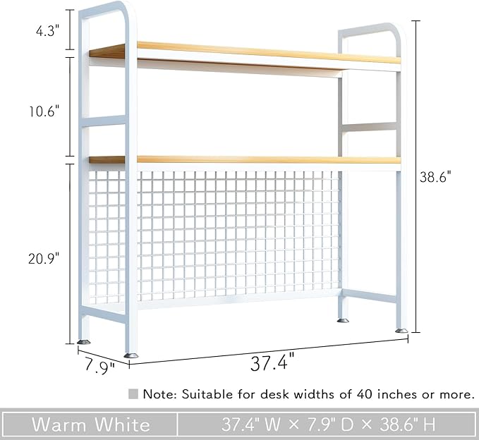 IOTXY 2-Tier Desktop Hutch Bookshelf - Metal Desk Shelf Bookcase with Grid Panel, Countertop Storage Organizer Rack for Dorm or Office, White, 37.4" W
