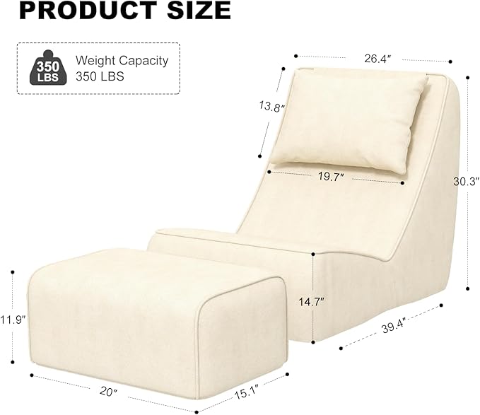 Giant Bean Bag Chair for Adults - Indoor Chaise Lounge with Neck Pillow & Ottoman, All-in-One Sponge Design, Comfy Floor Chair for Reading, Gaming, Napping, and Movies (Khaki)