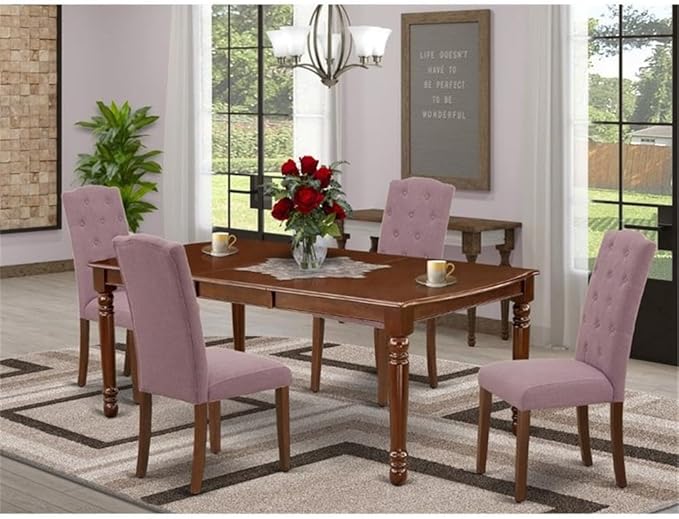 East West Furniture DOCE5-MAH-10 5 Piece Kitchen Table Set for 4 Includes a Rectangle Dining Room Table with Butterfly Leaf and 4 Dahlia Linen Fabric Parsons Chairs, 42x78 Inch, Mahogany
