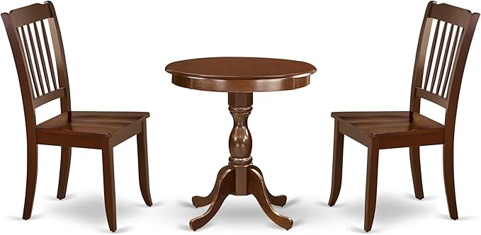 East West Furniture ESDA3-MAH-W 3 Piece Modern Dining Table Set Contains a Round Wooden Table with Pedestal and 2 Dining Room Chairs, 30x30 Inch, Mahogany