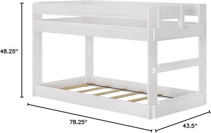 Max & Lily Modern Farmhouse Low Bunk Bed, Twin-Over-Twin Bed Frame For Kids, White Wash