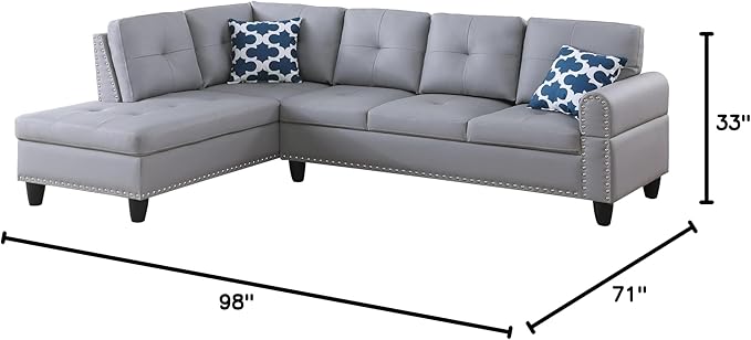 Ball & Cast 98" L Shaped Sectional Couch for Living Room,4 Seat Faux Leather Upholstered Modular Sectional Sofa Set 2 PCS with Chaise,Nailhead Trim,Cup Holders,Coffee Table and 2 Pillows for Home,Gray