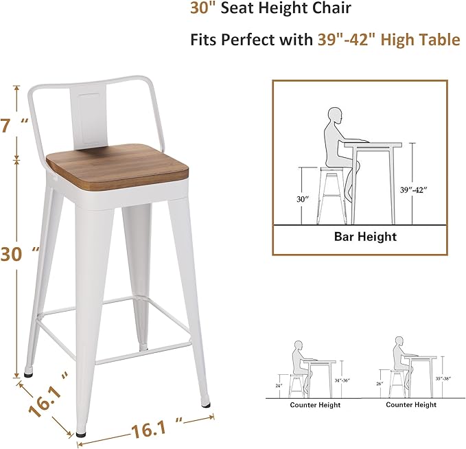 WENTMENT Bar Stools Set of 4 Counter Height Metal Barstools with Removable Back 30" Kitchen Bar Stools with Wooden Seat, White