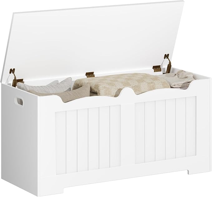 39.4" Storage Chest, Storage Bench Trunk with 2 Safety Hinges, Wooden Box, Lift-Top Chest Organizer, Shoe Bench for Entryway, Bedroom, Living Room, White 01003XSB