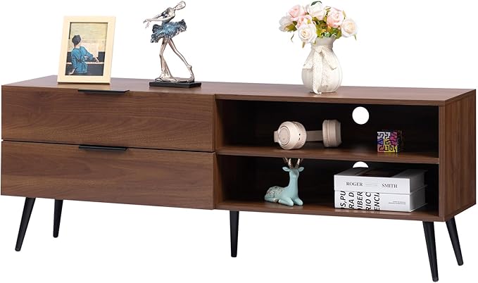 HollyHOME Wood TV Stand for TVs up to 65", Mid Century TV Stand with Storage, Modern Entertainment Center with 2 Drawers, Accent TV Media Console Table for Living Room, 53"(L), Retro Brown