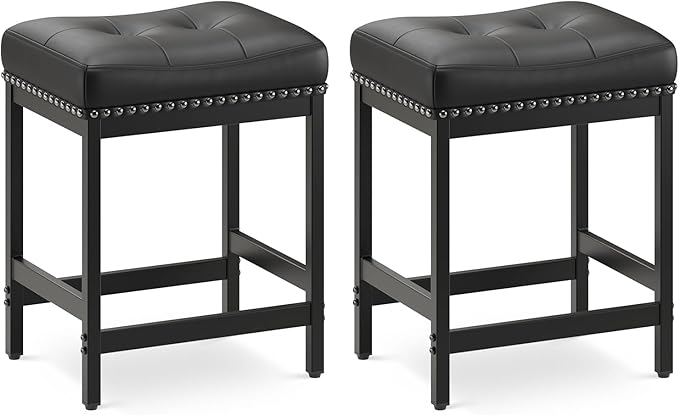 MALOL Set of 2 Saddle Bar Stools Counter Height 24.4”, Black Backless Barstools for Kitchen Island, Modern PU Leather Cushioned Seat, Bar Chairs for Kitchen Counter, Breakfast Bar Stools for Home
