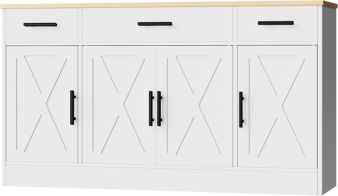 Shintenchi Sideboard Buffet Cabinet with Storage,53.4" Large Kitchen Buffet Storage Cabinet with 3 Drawers and 4 Doors,Wood Farmhouse Sideboard with Adjustable Shelf for Kitchen, Living Room,White