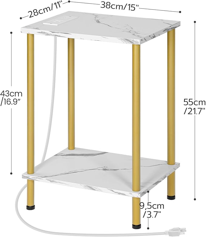 HOOBRO Side Table with Charging Station, Set of 2 End Tables with USB Ports and Outlet, Nightstand with 2-Layer Storage Shelves for Small Spaces, Living Room, Bedroom, Gold and Marble DM09UBZP201