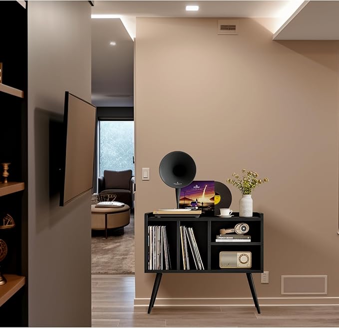 Record Player Stand with Vinyl Storage,Turntable Stand with Solid Wood Legs,Record Player Table Holds Up to 200 Albums,Vinyl Holder Storage Shelf for Bedroom Living Room,Black