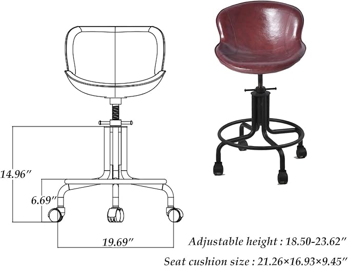 Topower Antique Industrial Design Metal Adjustable Height Kitchen Dining Breakfast Chair Industrial Style Bar Stool Fully Welded Maroon PU Leather Seat