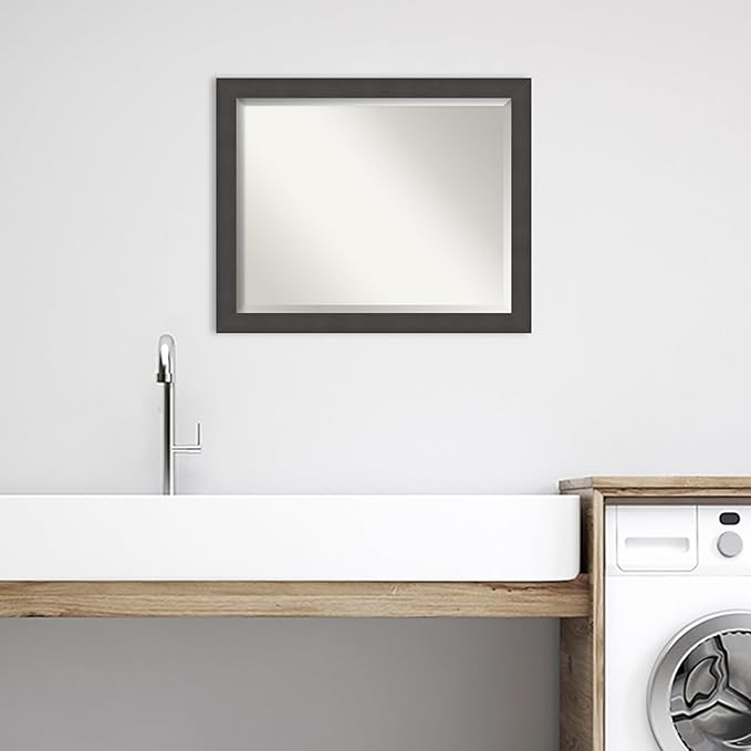 Amanti Art Silver Bathroom Mirror for Over Sink, 26x32 Blaine Light Pewter Narrow Rectangle Vanity Mirror, Large Modern Contemporary Frame, Hangs Horizonally and Vertically, Bathroom Wall Decor