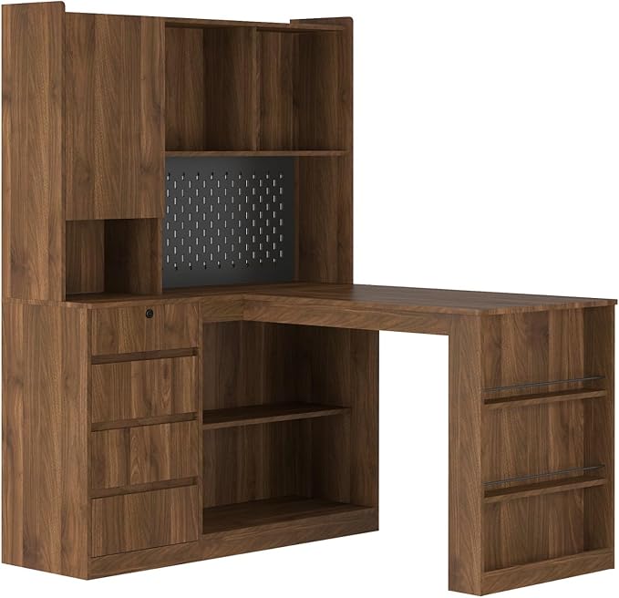 KEIKI L Shaped Home Office Desks with LED Light, Pegboard, Hutch, Drawers, Bookshelf & Storage Shelves, Modern Wooden Gaming Computer Corner Table for Work, Study, Writing