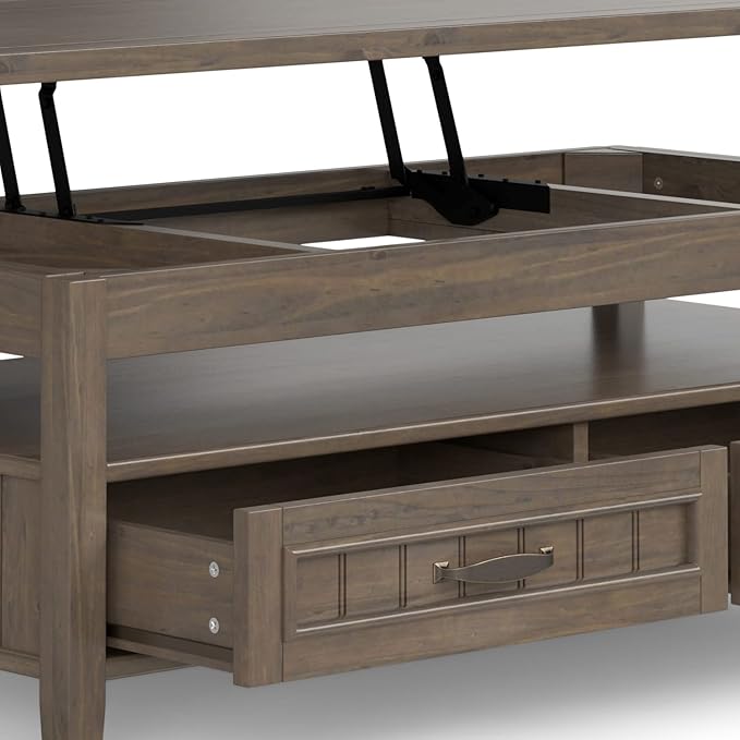 SIMPLIHOME Lev Lift Top Coffee Table - 48 inch Wide Solid Wood Rectangle Living Room Table in Smoky Brown, Transitional Cocktail Table for Family Room with Hidden Storage and Open Shelf