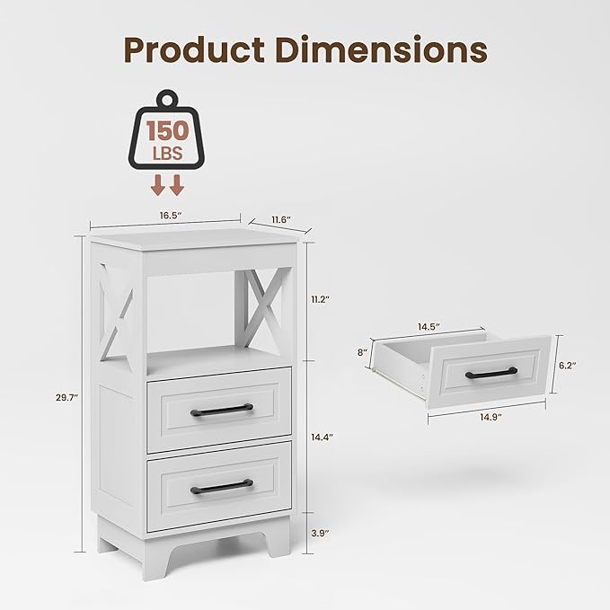 Tall Nightstand Set of 2 Side Table with 2 Drawers Modern Night Stand Wooden End Table Bedside Table with Upper Open Shelf Solid Feet for Bedroom, Living Room, White