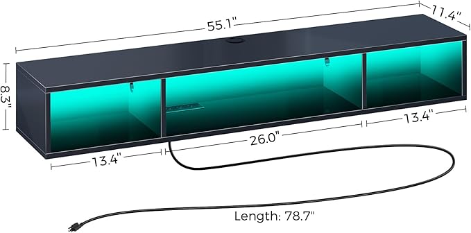 Rolanstar TV Stand with Power Outlet, Floating TV Stand with RGB Lights, 55.1" Wall Mounted TV Shelf, Glossy Black Media Console with Storage Shelf, Entertainment Under TV for Living Room, Bedroom