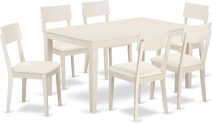 East West Furniture CAAD7-LWH-LC 7 Piece Dining Table Set Consist of a Rectangle Wooden Table and 6 Faux Leather Dining Room Chairs, 36x60 Inch, Linen White