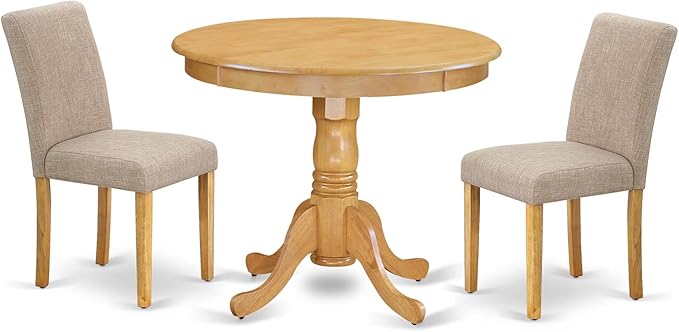 East West Furniture ANAB3-OAK-04 3 Piece Dinette Set for Small Spaces Contains a Round Dining Table with Pedestal and 2 Light Tan Linen Fabric Upholstered Chairs, 36x36 Inch, Oak