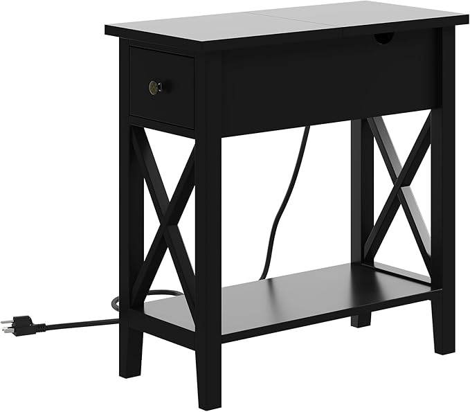 ChooChoo End Table Set of 2 with Charging Station, Narrow End Table with USB Ports and Outlets, Small Side Table Nightstand with Drawer for Living Room, Bedroom, Black