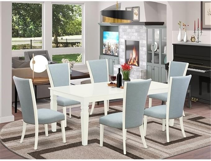 East West Furniture LGVE7-LWH-15 7 Piece Kitchen Table & Chairs Set Consist of a Rectangle Butterfly Leaf Dining Table and 6 Baby Blue Linen Fabric Parson Chairs, 42x84 Inch, Linen White