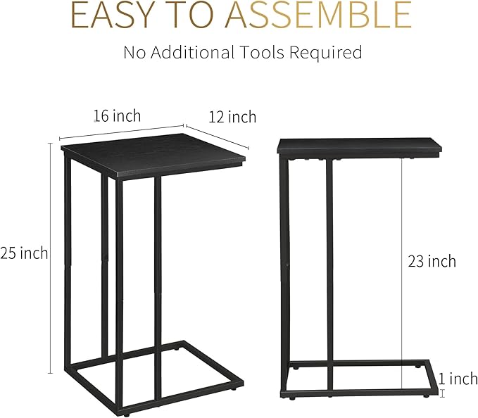 C Shaped Side Table Set of 2, Skinny Sofa Table for Sofa and Bed, Couch Tables That Slide Under, Small End Tables for Living Room, Bedroom or Small Spaces, Black