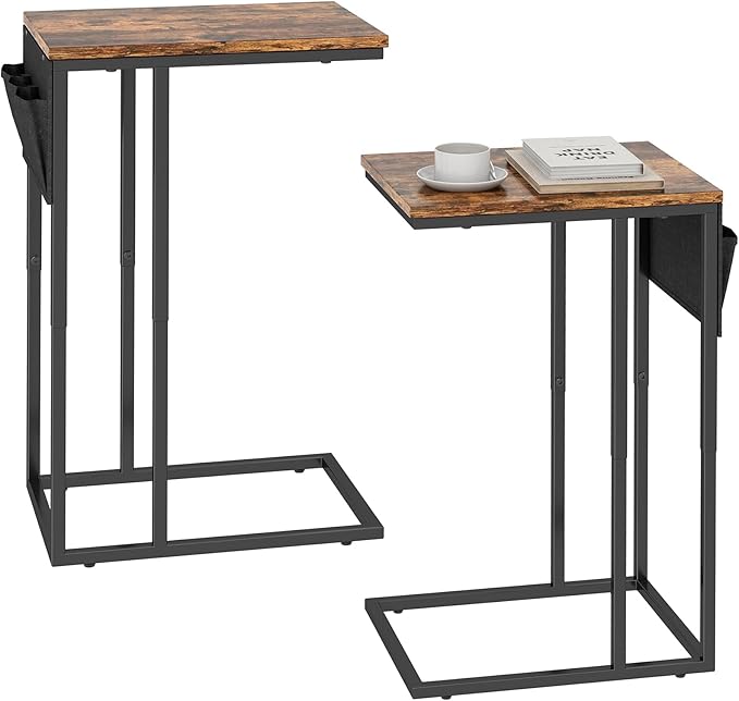 C Shaped End Table Set of 2 for Living Room, Couch Side Tables That Slide Under, TV Tray Snack Table for Sofa, Brown