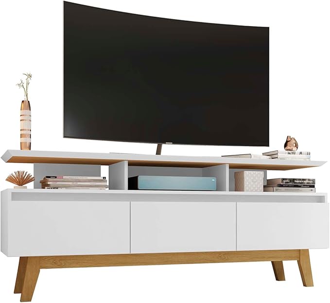 Manhattan Comfort Yonkers 63 Inch Mid Century Modern TV Stand with Storage, 3 Flip Down Door, Hole for Wire Management, Fits Up to 60" Television, Durable & Versatile Console Table, White